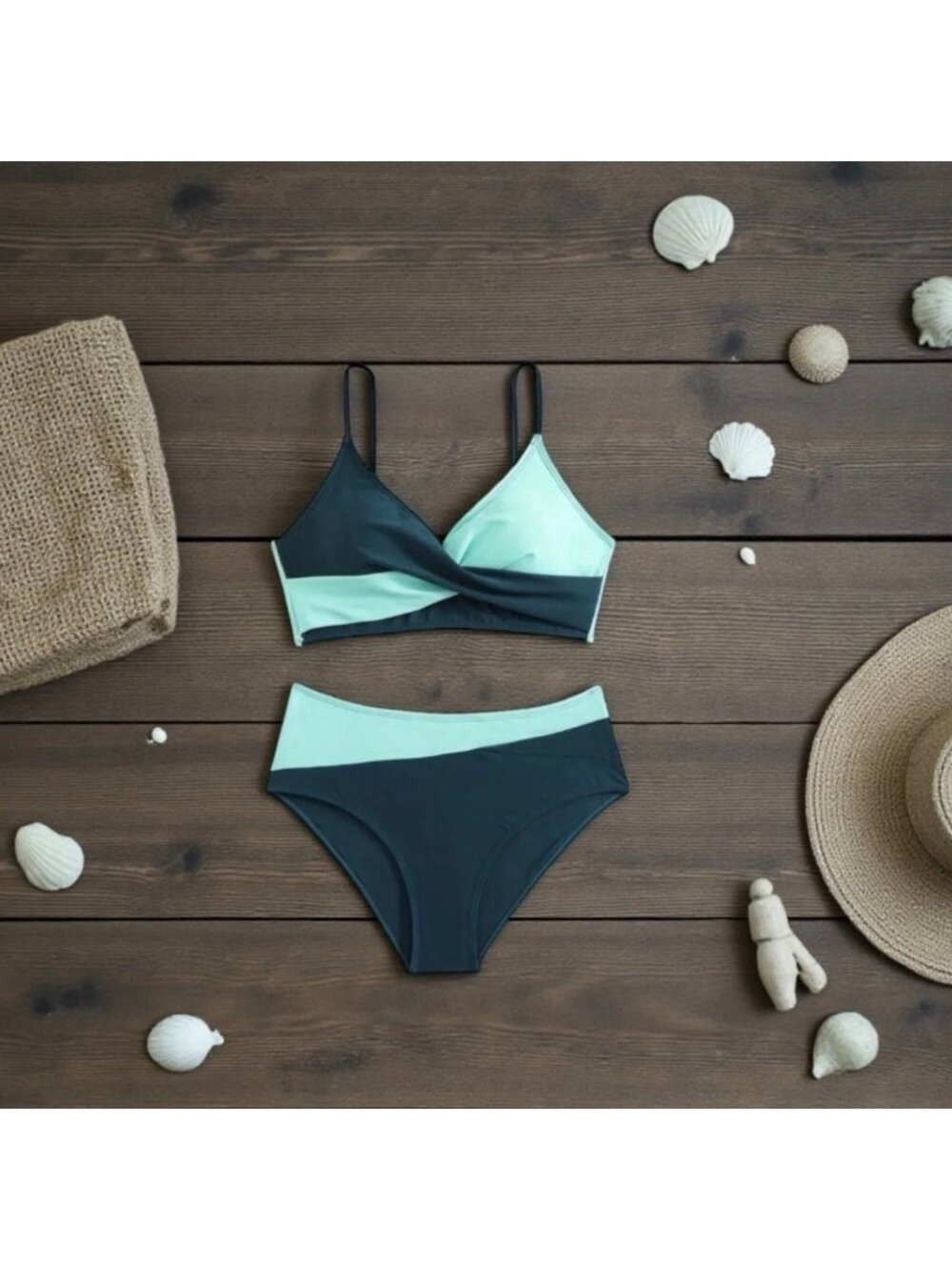 Bikini Set High Waisted Bottom & Twist Front Top Size M Green & Teal - Picture 6 of 10